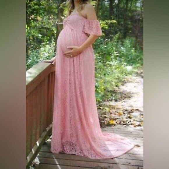 Elegant Off Shoulder Stretchy Lace Maternity Photography Dress High Belly Bump - Picture 2 of 13